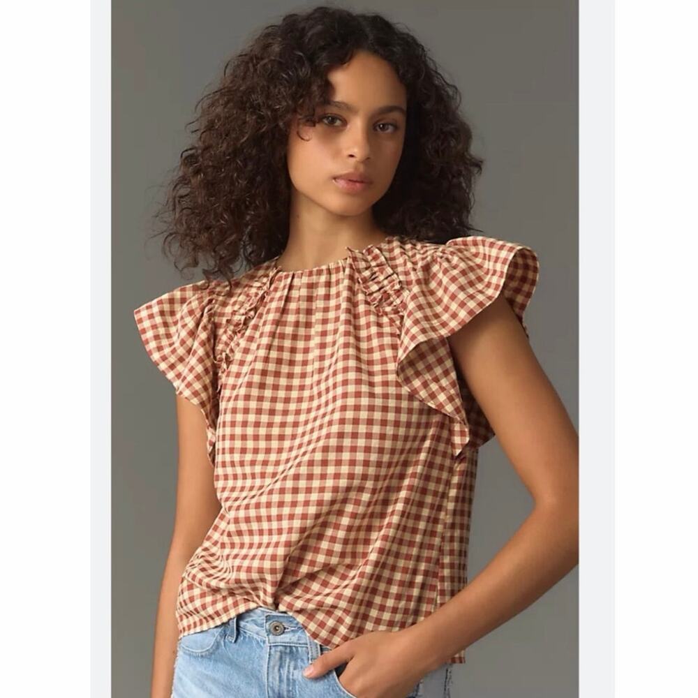 Anthropologie En Saison Juni Gingham Ruffle Sleeve Blouse Red Cream Size Small